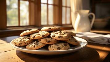 chocola spaander koekjes Aan wit bord Aan houten tafel. dichtbij omhoog en selectief focus. generatief ai foto