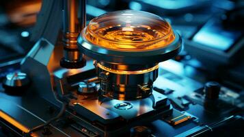 hoog tech futuristische digitaal microscoop in wetenschappelijk of medisch laboratorium voor Onderzoek foto