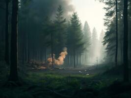 schoonheid van een nevelig donker bos vastleggen de spookachtig Effecten van vervuiling, generatief ai foto