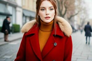 mooi vrouw in een jas Aan de straat. pro foto