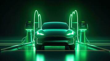 een elektrisch auto Bij opladen station. voorkant visie elektrisch auto silhouet met groen gloeiend Aan donker achtergrond. automotive technologie concept. generatief ai foto