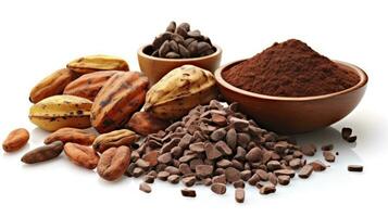 cacao ingrediënten met cacao bonen, vers cacao peul en cacao massa geïsoleerd Aan wit achtergrond. generatief ai foto