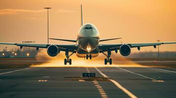 een groot straalvliegtuig nemen uit van luchthaven landingsbaan Bij zonsondergang of dageraad met de landen uitrusting naar beneden en de landen uitrusting omlaag, net zo de vlak is over naar nemen uit. generatief ai. foto