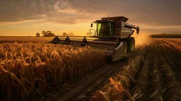 landbouw, combineren oogstmachine in maïs veld. generatief ai foto