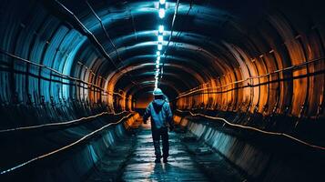 tunnel ingenieur in donker spoorweg tunnel bouw plaats. zwaar werk ondergronds. generatief ai. foto