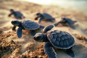amfibie. veel baby schildpadden Aan de zanderig strand en kruipen naar de oceaan. zee schepsels. generatief ai foto