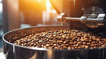arabica of robusta koffie bonen, koffie koffiebrander, aromatisch koffie bonen situeren in modern uitrusting met graan koeler. koffie Boon brander machine. industrie concept. generatief ai foto