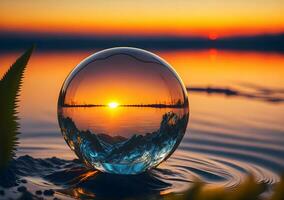 kristal bal Aan de water oppervlakte en zonsondergang. milieu bescherming en behoud van de wereld. ai gegenereerd foto