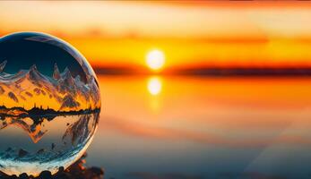 kristal bal Aan de water oppervlakte en zonsondergang. milieu bescherming en behoud van de wereld. ai gegenereerd foto