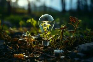 natuurgedreven verlichting, zonne- paneel en wind turbine verlichten gloeilamp Aan bodem ai gegenereerd foto