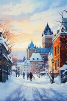 een levendig waterverf schilderij vastleggen de charme van Quebec stad in winter met met sneeuw bedekt straten en historisch architectuur foto