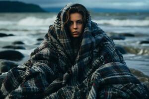 vrouw in knus plaid gemaakt van zee golven foto