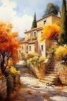 een levendig waterverf schilderij van een charmant middellandse Zee dorp genesteld tussen gouden herfst- bomen vieren de premies van de seizoen foto