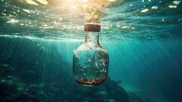 plastic water fles verontreiniging in oceaan. milieu bescherming concept. generatief ai foto
