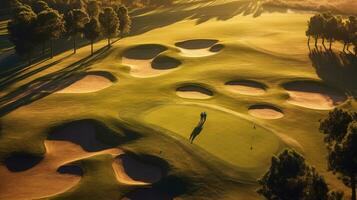 antenne visie van golf Cursus met zetten groente. golf Cursus met een rijk groen grasmat mooi landschap. golf veld. generatief ai foto