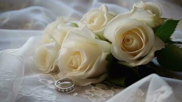 bruiloft ringen met wit roos bloemen Aan een wit sluier, feestelijk samenstelling. ai gegenereerd. foto