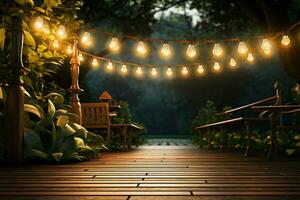 houten veranda met lichten opent naar charmant tuin traject verder ai gegenereerd foto