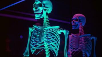 menselijk skelet in neon licht, donker achtergrond. wetenschappelijk lichaam anatomie. ai gegenereerd. foto