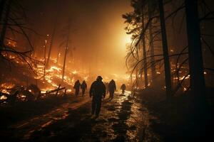 uit de hand gelopen Woud vuur, dapper brandweerlieden werken de nacht verschuiving ai gegenereerd foto