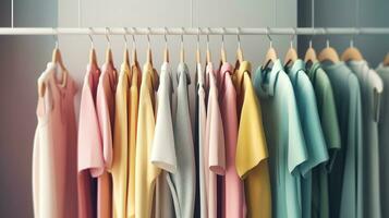 kleurrijk kleren Aan kleding rek. regenboog kleur kleren keuze Aan hangers, huis garderobe concept. generatief ai foto
