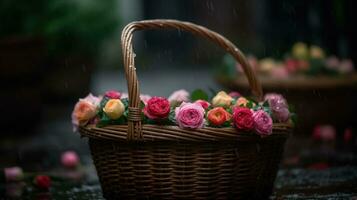aromatherapie na de regen. een mand boordevol met rozen. generatief ai foto