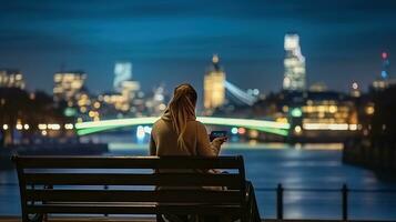 achterzijde visie, een stedelijk vrouw zittend Aan een bank en op zoek Bij haar smartphone gedurende nacht tijd in voorkant van de verlichte stad horizon. generatief ai foto