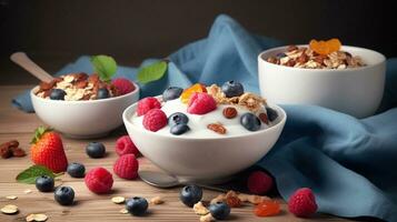 vers melk of yoghurt kom van ontbijtgranen vlokken, droog noten en bessen fruit verkoudheid natuurlijk ontbijt. generatief ai foto