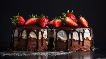 drie chocolaatjes taart met chocola druppelt Aan een zwart achtergrond. generatief ai foto
