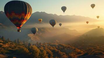 kleurrijk heet lucht ballonnen vliegend bovenstaand hoog berg Bij mooi zonsopkomst, generatief ai foto