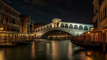 rialto brug en groots kanaal in Venetië, Italië. visie van Venetië groots kanaal met gandel. architectuur en oriëntatiepunten van Venetië. generatief ai foto