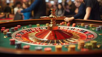 de casino roulette met mensen spelen een roulette, in de stijl van rood en goud, generatief ai foto