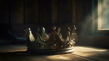 laag sleutel beeld van mooi koningin of koning kroon over- houten tafel. wijnoogst gefilterd. fantasie middeleeuws periode, generatief ai foto