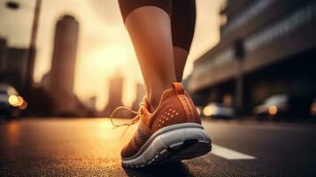 meisje loper maakt een ochtend- rennen in een stad straat. sneaker schoenen, voeten detailopname. joggen, Gezondheid concept. zonsondergang zonsopkomst licht, generatief ai foto