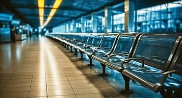 kalmte en zitplaatsen in de rijen van banken Bij de lang afstand bus station. generatief ai foto