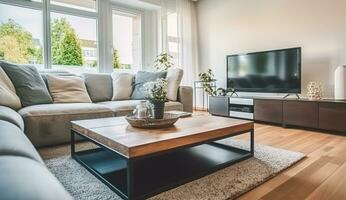 comfortabel hoek bankstel en houten koffie tafel geplaatst in voorkant van modern TV reeks in knus ruim lounge kamer in huis Aan zonnig dag, generatief ai foto