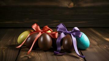 chocola Pasen eieren met kleur lint bogen Aan houten achtergrond, ai generatief foto