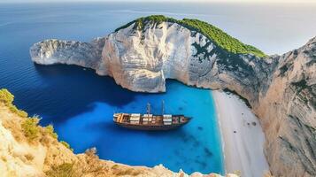 navagio strand - de ongerept juweel van zakynthos in de Ionische eilanden. generatief ai foto