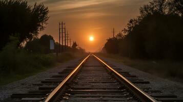 rijden uit in de zonsondergang, een mooi tafereel van trein sporen en kleuren. ai generatief foto