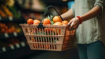 vrouw Holding een boodschappen doen kar en bestellen kruidenier vers fruit, generatief ai foto