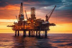 groot offshore olie tuigage boren platform Bij zonsondergang en mooi lucht. generatief ai foto