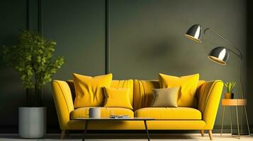 hedendaags modieus geel leven kamer Aan groen concept ontwerp. modern sofa en verdieping lamp. mooi vlak illustratie met modieus leven kamer, generatief ai foto