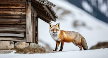 wild rood vos met lang vacht en pluizig staart staand op zoek Bij camera Aan besneeuwd grond tegen houten cabine met logboeken in winter natuur. generatief ai. foto