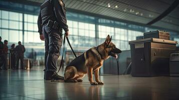 officier met hond controle koffer in luchthaven. Politie hond. snuffelaar hond. generatief ai foto