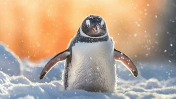 een pinguïn in een besneeuwd landschap. speels, gelukkig dier. generatief ai foto