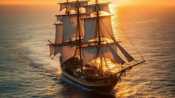 bark schip in de oceaan Bij zonsondergang. generatief ai foto