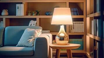 lamp en boekenplank, leven kamer met bank. idee voor interieur ontwerp. generatief ai foto