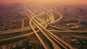 antenne visie van snelweg, weg verkeer een belangrijk infrastructuur van de hoofdstad. generatief ai foto