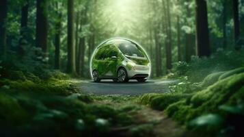 een elektrisch auto energie voor omgeving, ev auto Aan Woud weg met aarde planeet gaan door Woud elektrisch auto met natuur. automotive innovatie en technologie concepten. generatief ai foto