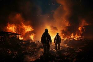 laaiend vodje hel, twee brandweer in silhouet ai gegenereerd foto