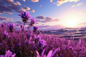 Purper lavendel panorama, aromatherapie oliën accentueren de sereen tafereel, ontspanning in zicht ai gegenereerd foto
